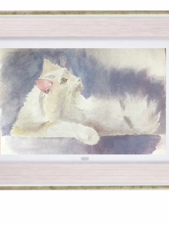 Cute white cat wall art original watercolour painting