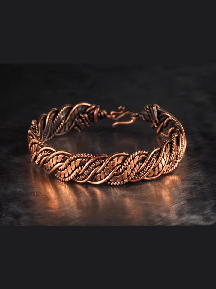 Wire wrapped bracelet, Unique 7th 22nd Anniversary gift idea, Art Nouveau antique style, One of kind braided statement bangle, Handmade oxidized pure copper jewelry, Pain relief, EMF protection