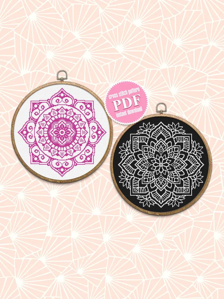 Mandala set cross stitch pattern download PDF, Floral ornament cross stitch chart, Monochrome mandala digital PDF, Embroidery beginner #S20