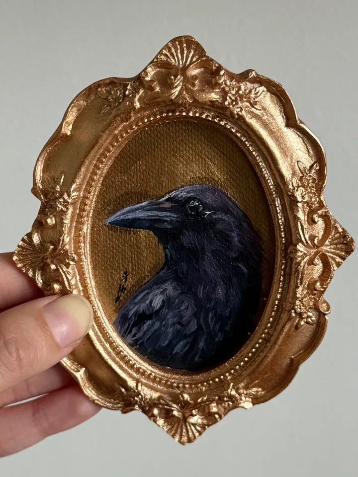 Framed Raven Painting Small Original Corvid Artwork Crow Art Tiny Oil Painting Bird Oval Frame