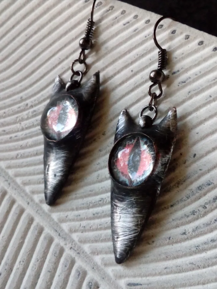 CAT eye earrings, Tin soldered earrings, Cat head earrings, Cat lovers bijouterie, Witch earrings, Halloween earrings