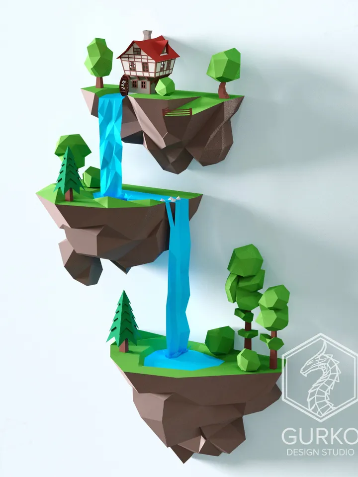 Papercraft Flying Island. Waterfall, Digital Template, PDF Download, Gurko, 3D Low Poly, Pepakura, DIY Origami Sculpture, Paper Decor, Gift