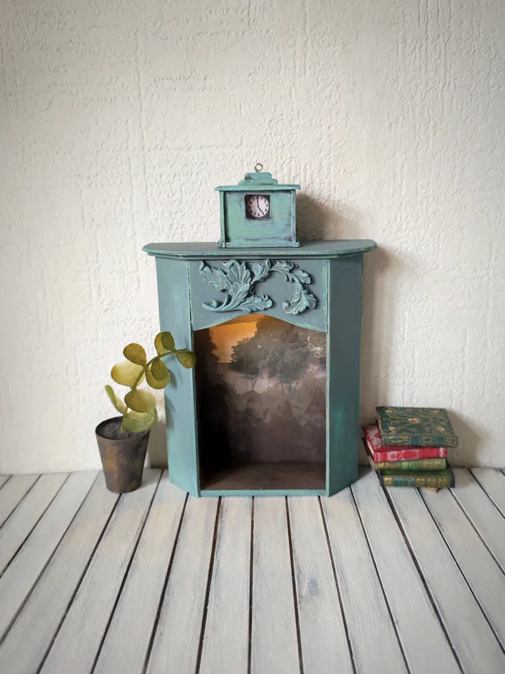 Miniature Fireplace with Small Painting and Backlight 1/6, 1/12 sea wave color