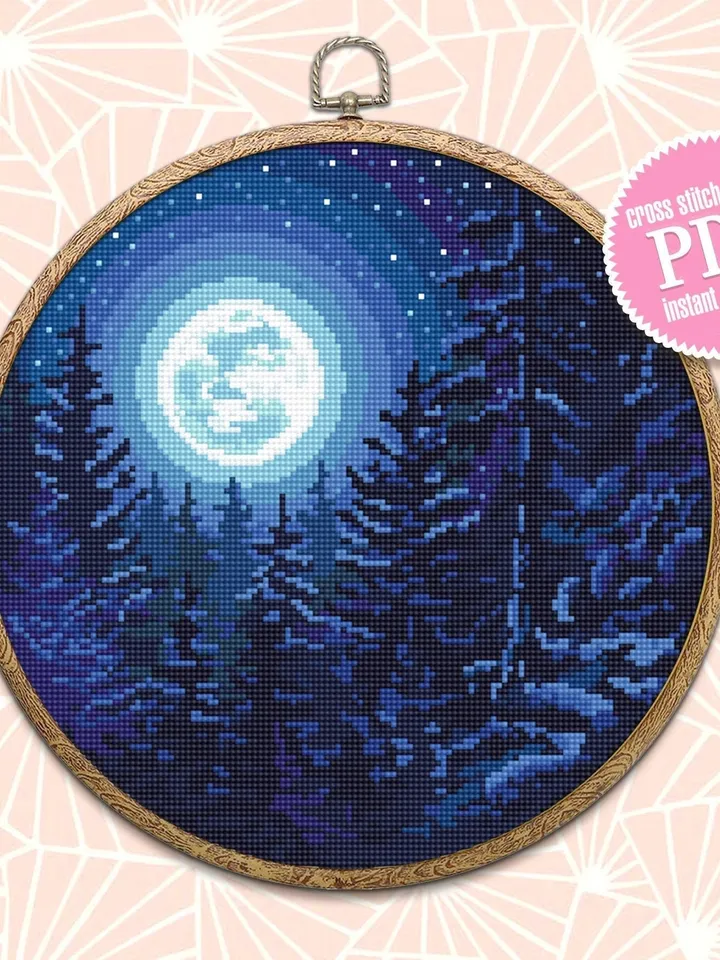 Nature cross stitch pattern download PDF Night landscape embroidery beginners Forest cross stitch Starry night sky Moon cross stitch #L19