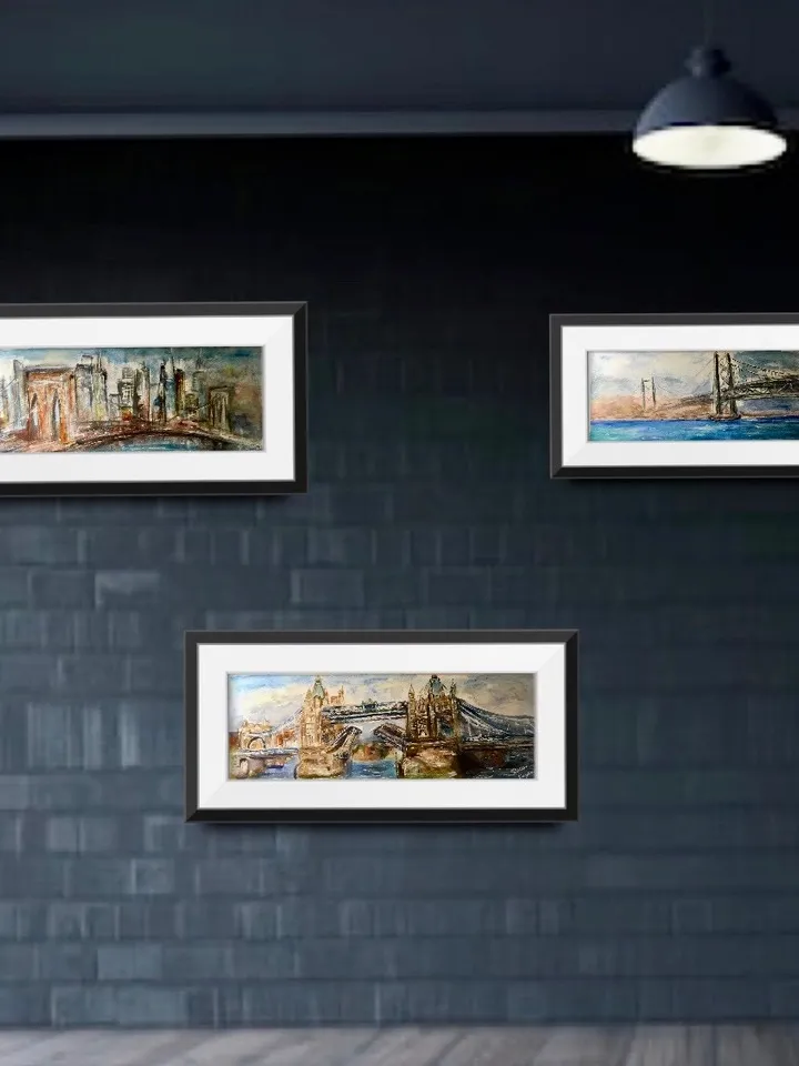 World bridges panoramic triptych - original watercolor paintings of New,York,London and Japanese bidges,cityscape paintings wall art,gifts.