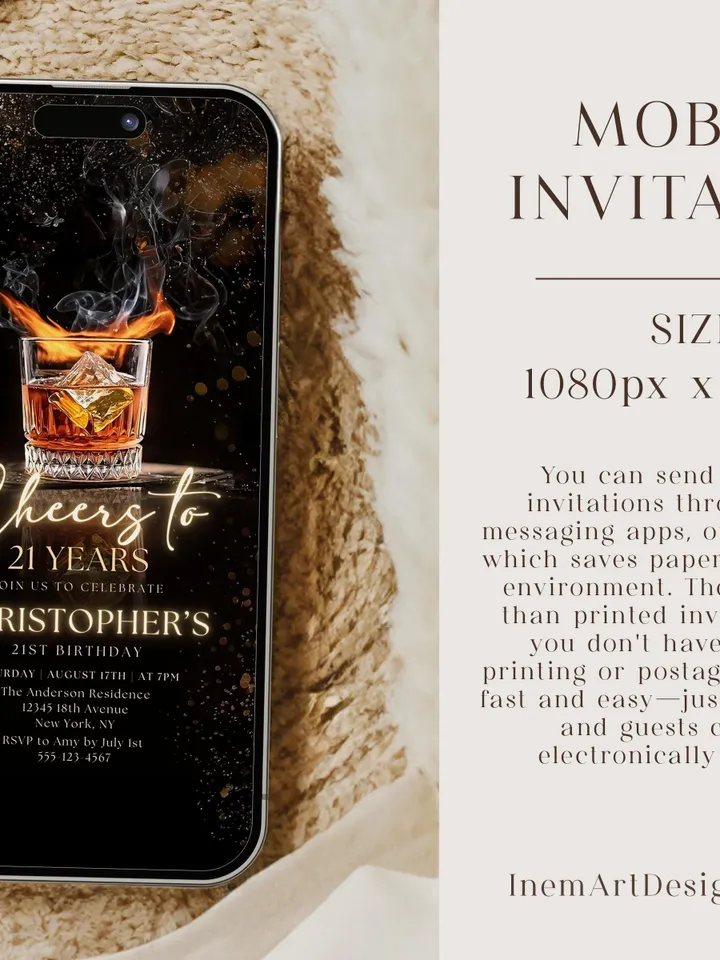 Whiskey Birthday Invitation, Surprise Party Adult, Cheers to 21 years, Cognac Scotch Liquor, Canva Editable Adult Men Birthday Invite