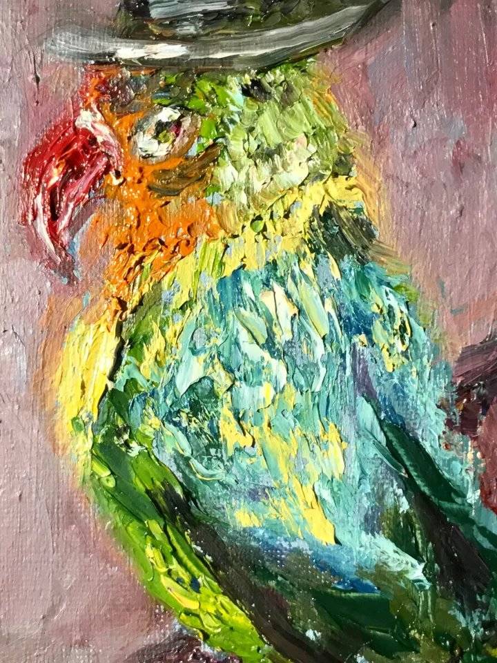 Couple of love birds diptych, parrots painting ,original oil impasto painting, small gift, wedding gift,exotic colourful birds painting.
