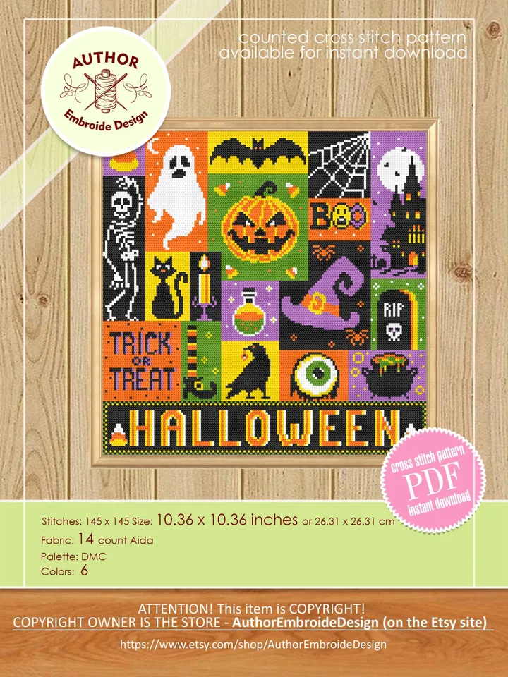 Halloween sampler cross stitch pattern PDF download Spooky cross stitch chart, Cute Halloween pattern digital PDF, Happy Halloween #H80