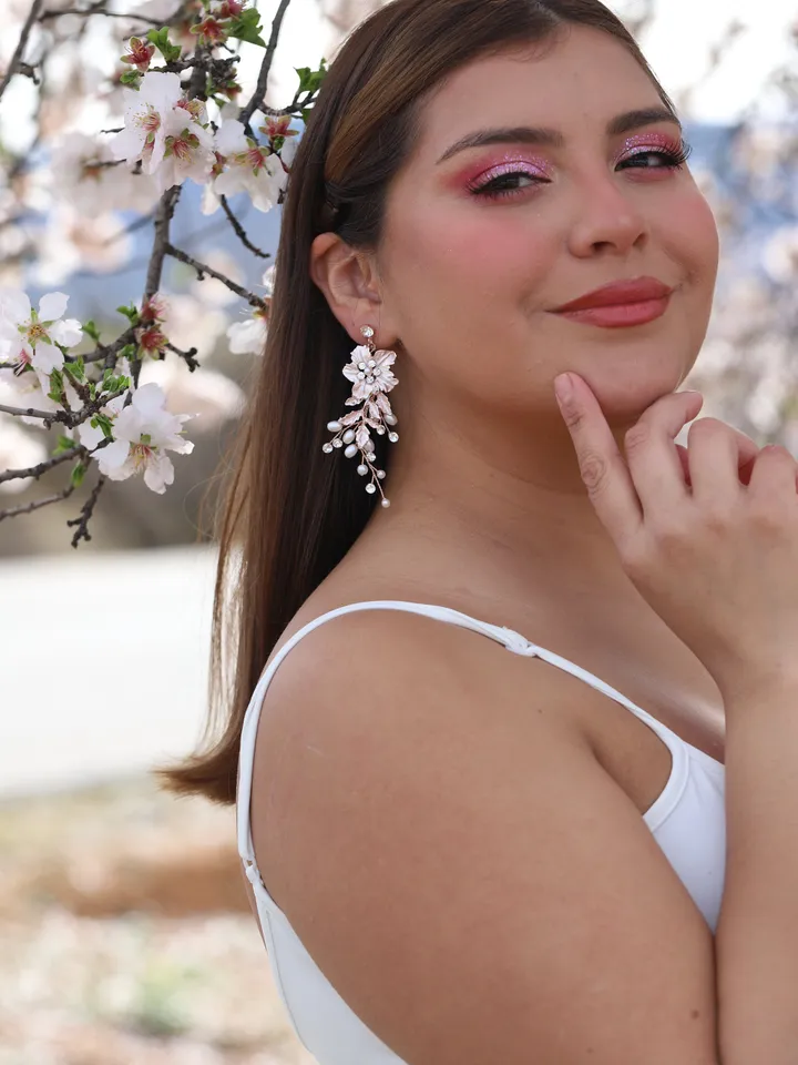 Rose Gold Flower Chandelier Boho Wedding Earrings , Floral Statement Boho Bridal Earrings, Leaf Romantic Bride Jewelry , Pearl Jewellery