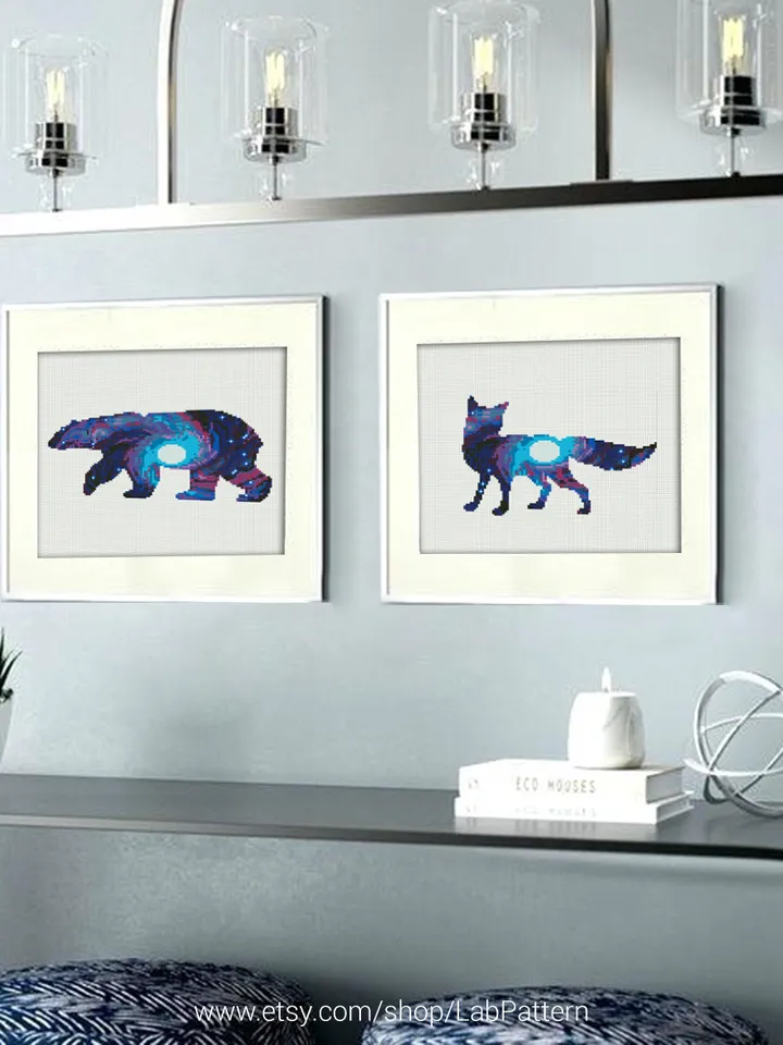 Bundle of 2 patterns, Fox and Bear Silhouette Space Cross stitch pattern | Embroidery Pattern | Instant Download | Embroidery Designs