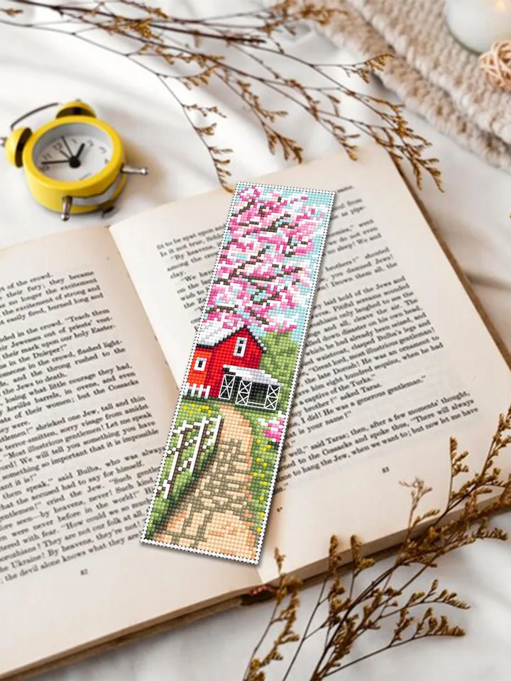 Spring bookmark cross stitch pattern PDF download Cherry blossom tree cross stitch chart, Nature bookmark pattern digital PDF Red barn #B469