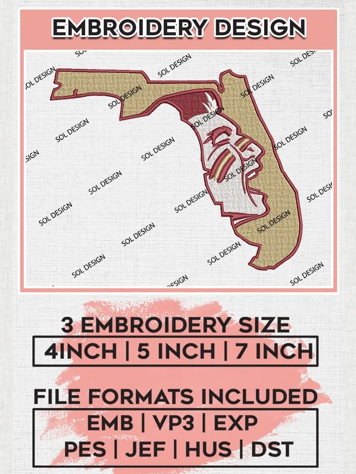 NCAA Florida State Seminoles Team Map Logo embroidery designs, NCAA Florida State Seminoles Logo Machine embroidery designs, NCAA Team Logo embroidery designs, NCAA Game Day Machine embroidery designs, Digital Download