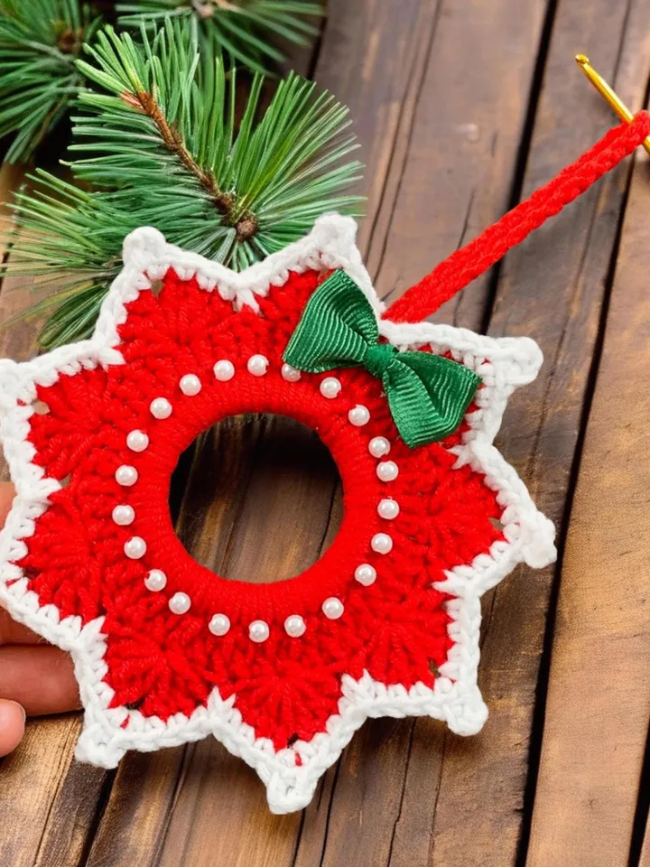 Christmas Crochet Wreath Ornament PDF Pattern – Easy DIY Holiday Decoration, Red & White Crochet Wreath with Pearls and Bow