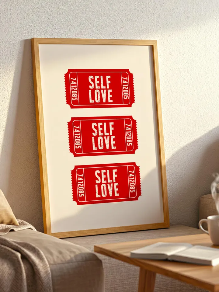 Self Love Ticket Printable Wall Art, Personalized and Customizable, Retro Ticket Poster, Positive Affirmation, Pink Red Minimalist poster