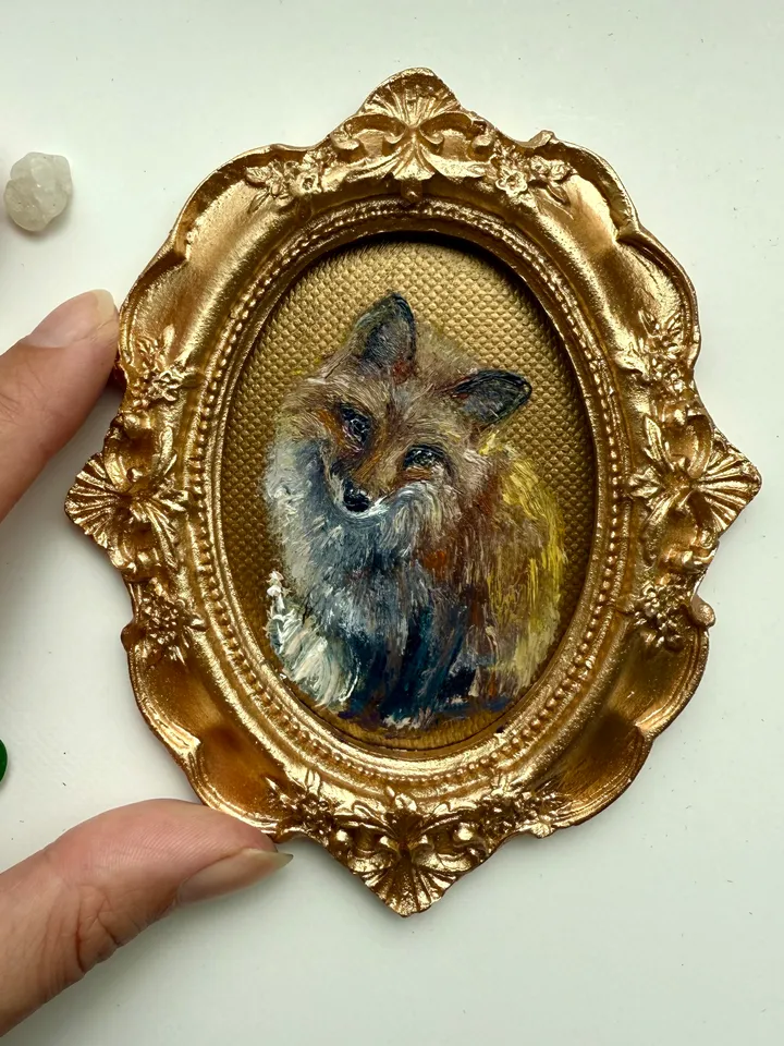 Framed Fox Oil Painting Original Wild Animals Art Cute Fox Painting Gold Frame Victorian Painting