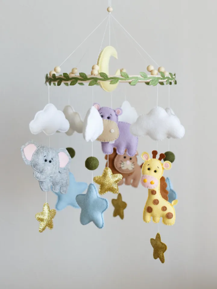 Handcrafted Giraffe, Elephant, Hippo, Lion and Safari Themed Felt Baby Mobile - Customizable Nursery Decor