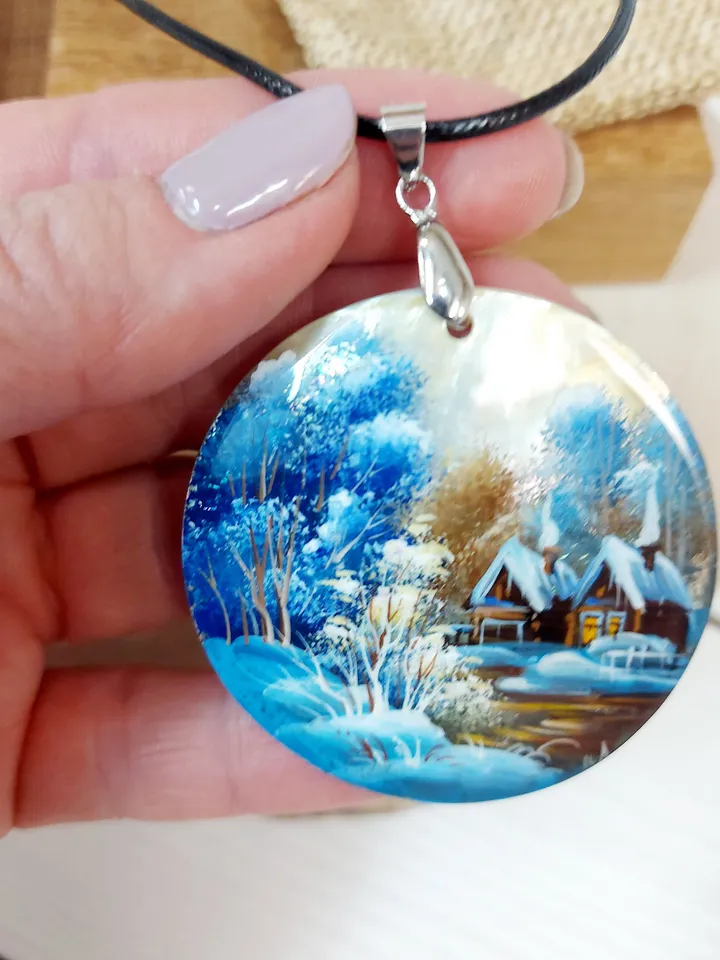 Nice Pendant Winter landscape. Village. Mother-of-pearl Russian hand painting. Hand-painted necklace pendant. Miniature painting