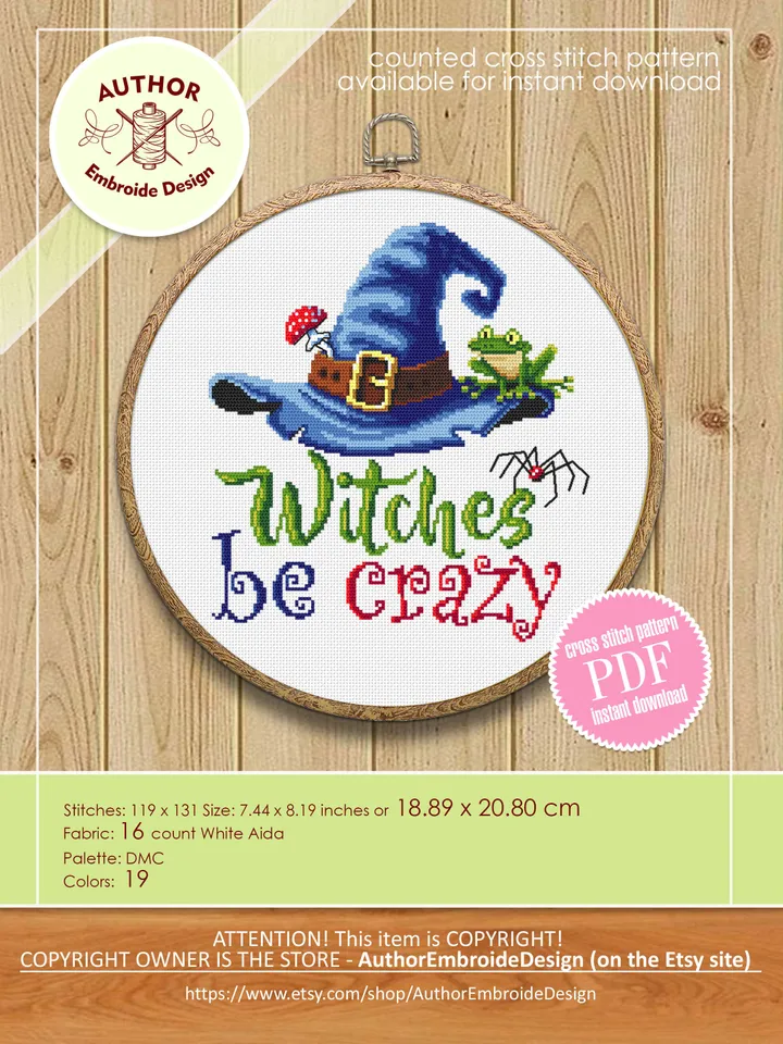 Witches be crazy cross stitch pattern download PDF Halloween witch cross stitch chart, Cute Halloween pattern digital PDF Witches decor #H47
