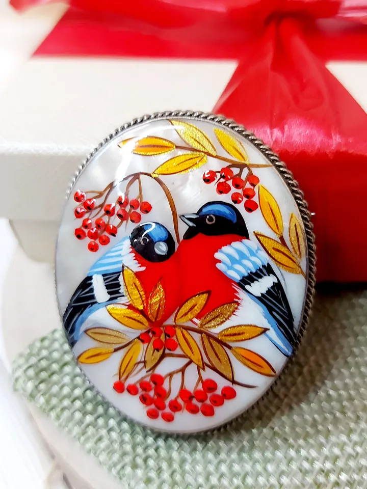 Brooches for women: Red bird couple pin • handmade jewelry painted on mother of pearl • bullfinch bird painted on statement brooch