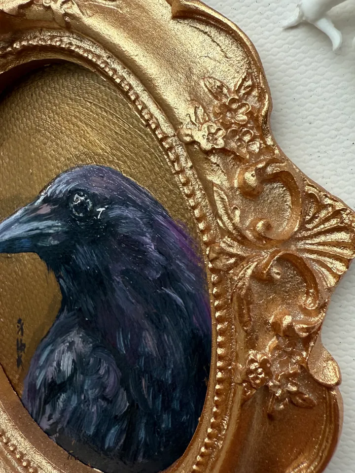 Framed Raven Painting Small Original Corvid Artwork Crow Art Tiny Oil Painting Bird Oval Frame