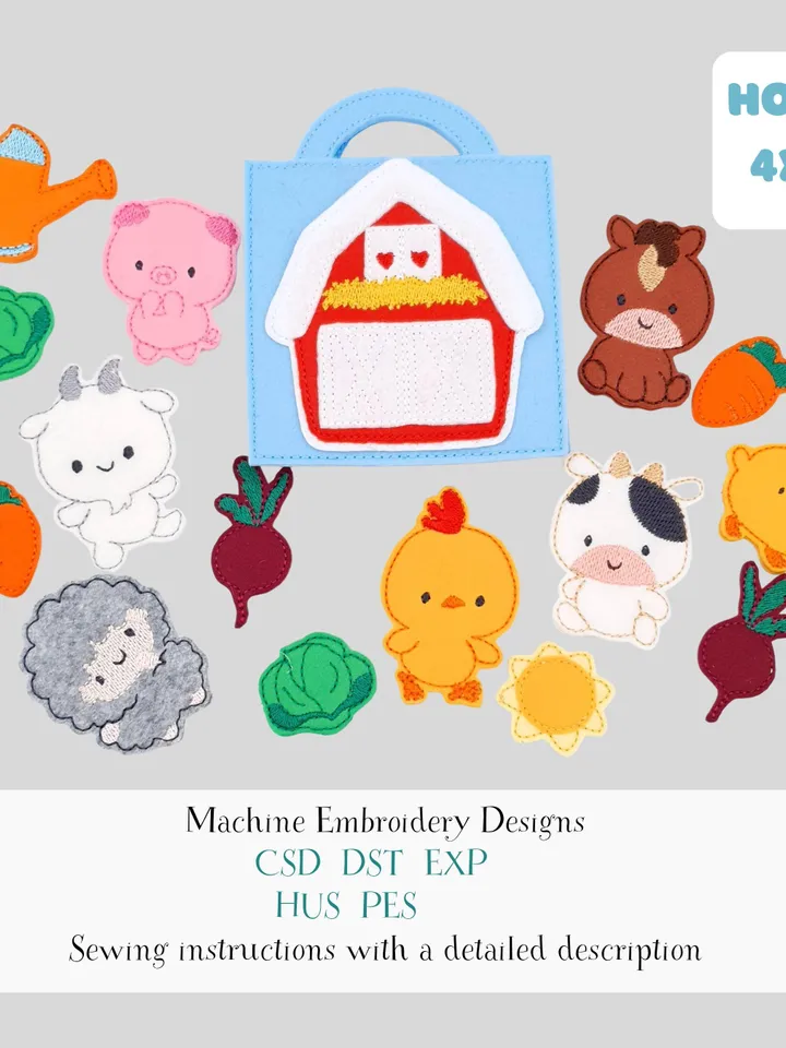 Farm Quiet Book Machine Embroidery Design File - ITH Felt Animals & Barn Playset - 4x4 Hoop