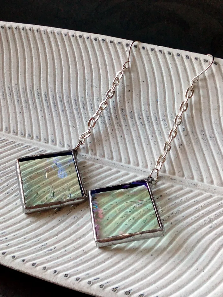 Iridescent stained glass, clear earrings, cute squar earrings, dichroic earrings, duochrome earrings