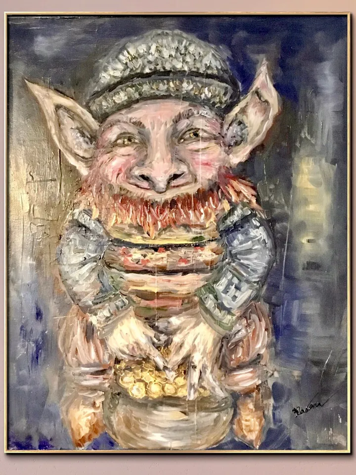 Leprechaun with a pot of gold,original oil painting on stretched canvas,home decoration,gift.