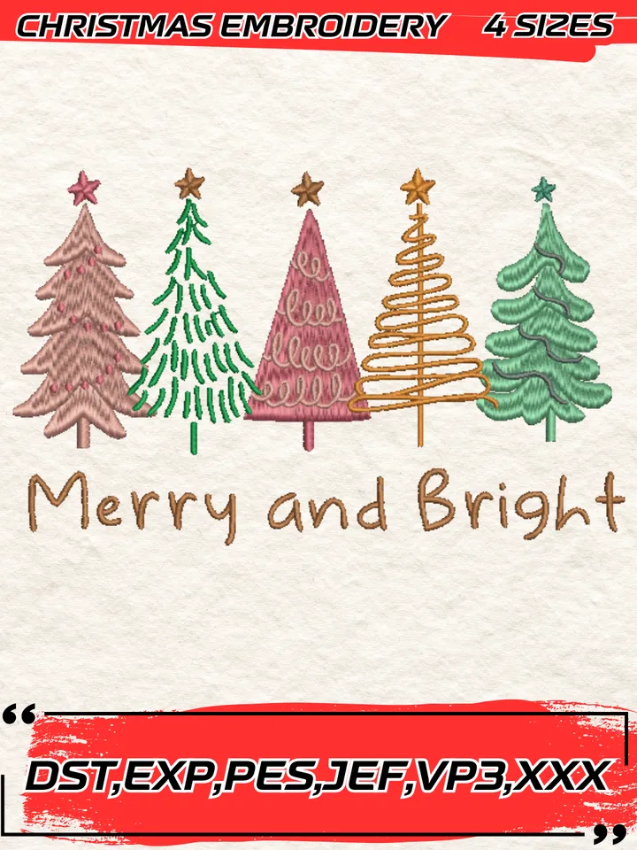 Merry And Bright Tree Embroidery File,Christmas Embroidery Design,4 Sizes, Digital Download #3