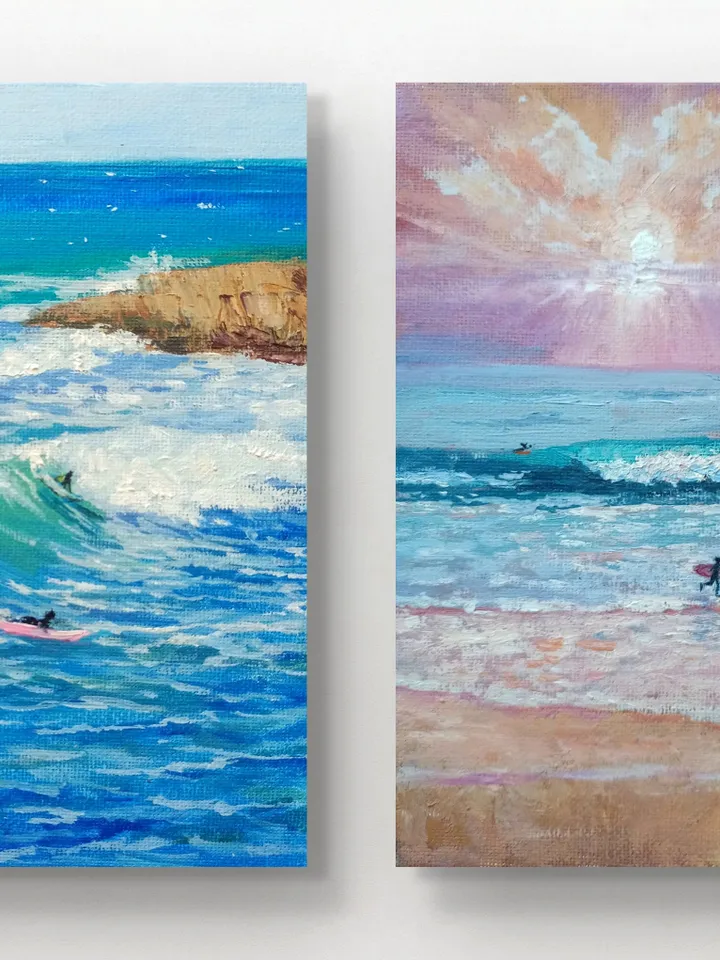 Seascape ocean art three triptych paintings Coastal Art Sun sea sky wave cliffs original art Triptych small painting impressionism
