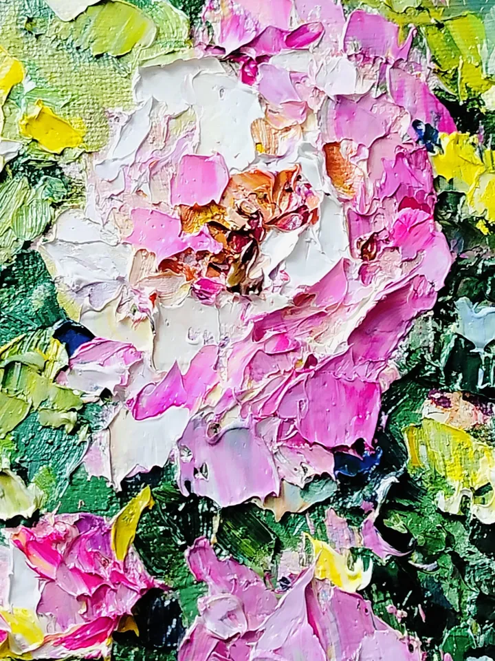 Pink Roses Flowers Original Oil Painting Wall Art Impasto Artwork Canvas Painting 6 by 6 inches by Natalia