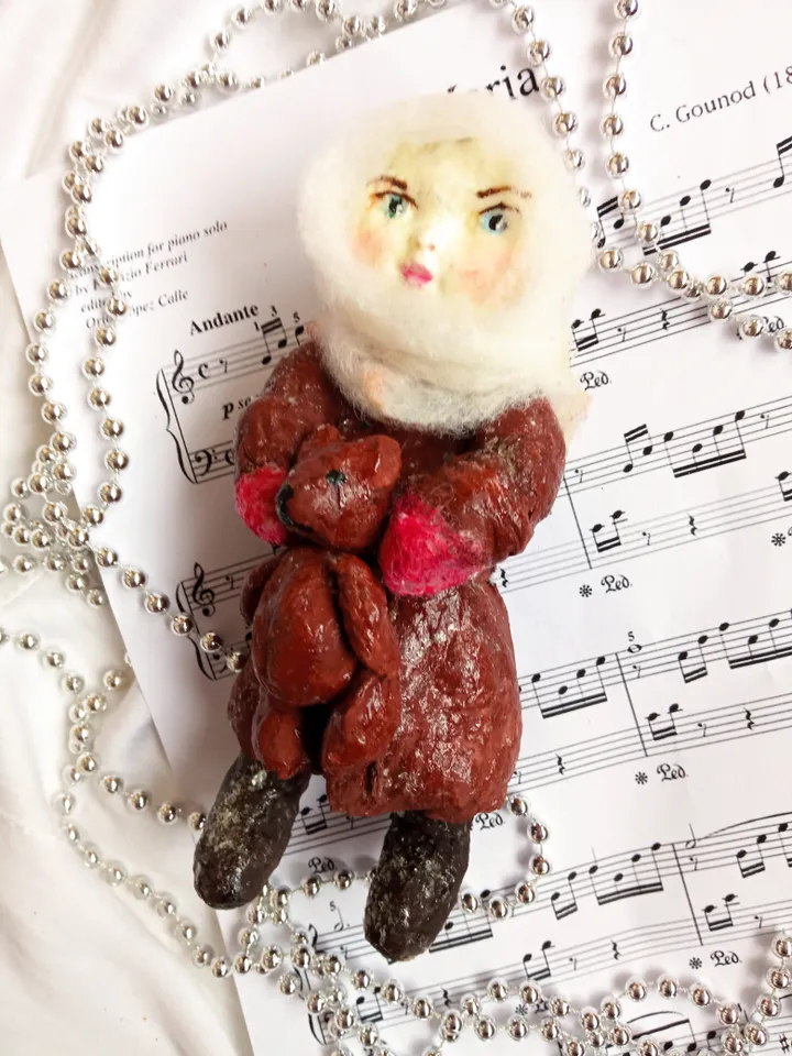 Doll Pendant "Girl with Bear" - Handmade - Christmas tree toy
Christmas ornament Spun cotton doll. Art doll.