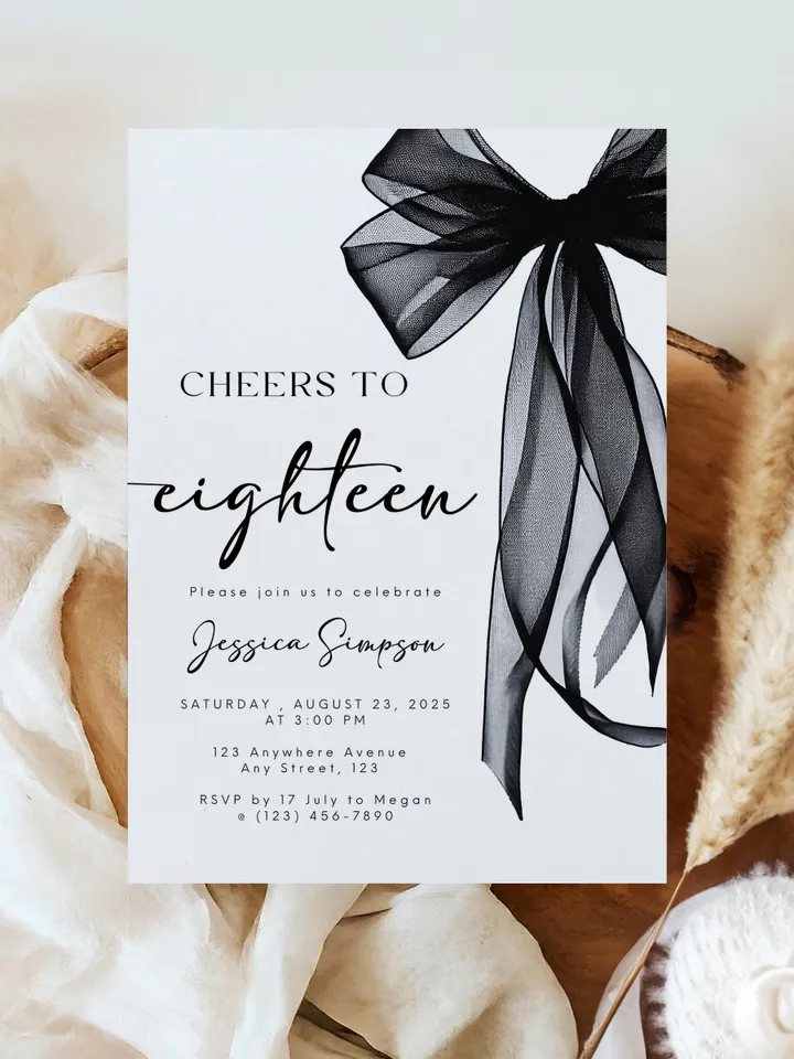 Coquette Black Bow 18th Invitation, Editable Eighteenth Birthday Party Invite, DIY Digital Black Ribbon, Cheers to Eighteen Invite