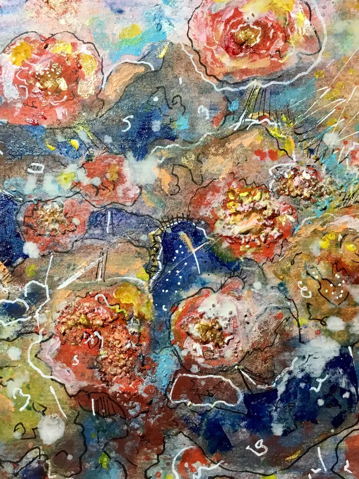 Abstract fantasy mix media watercolour and acrylic original painting on paper,abstract wall art,landscape flowers pink gold.