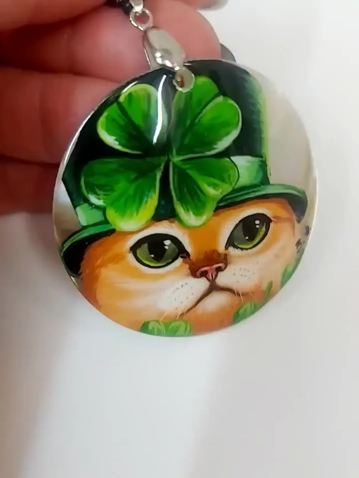 Pearl pendant necklace: Red Cat in the Hat. St Patrick's Day jewelry handmade for luck. Cute funny pendant with cat. Elegant dainty pendant