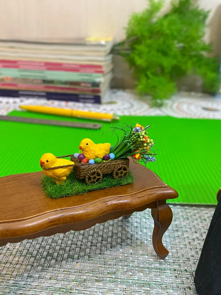 Easter miniature. Two chickens with a cart and a bouquet of flowers.1:12