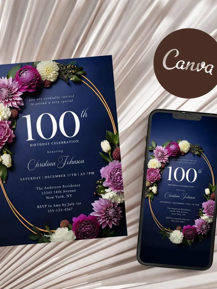 100th Birthday Party Invitation Canva Template for Mother Grandma, Moody Purple Flowers Navy & Gold, 100 Years Loved, Digital Invite