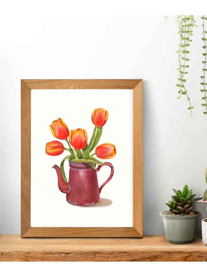 Tulip Painting Watercolor Vintage Still Life Painting Tea Lovers Watercolor Print Floral Tulip Wall Art Farmhouse Painting Red Floral Art t