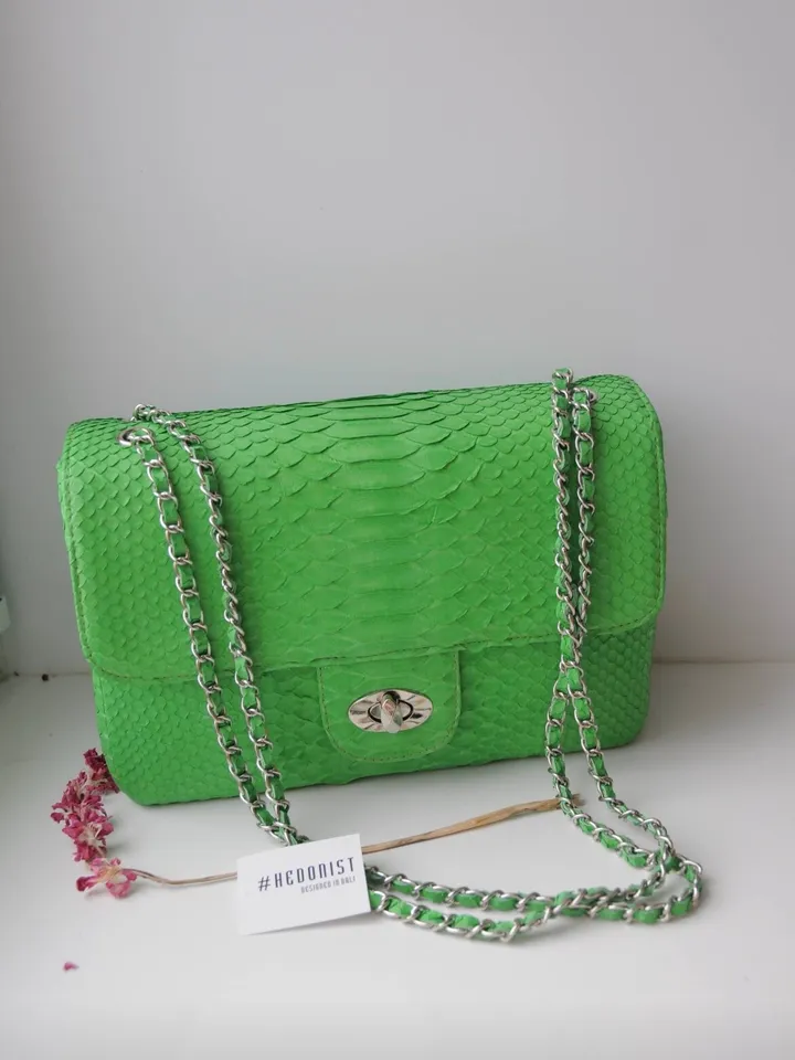 Genuine python skin maxi crossbody bag green colour big, summer big chain crossbody, elegant classy crossbody bag genuine leather summer