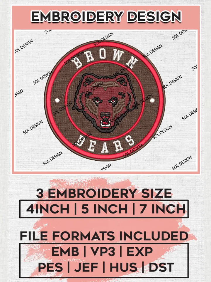 NCAA Brown Bears Round Logo Embroidery, NCAA Brown Bears Embroidery Design files, NCAA Teams, NCAA Machine embroidery designs, Digital Download