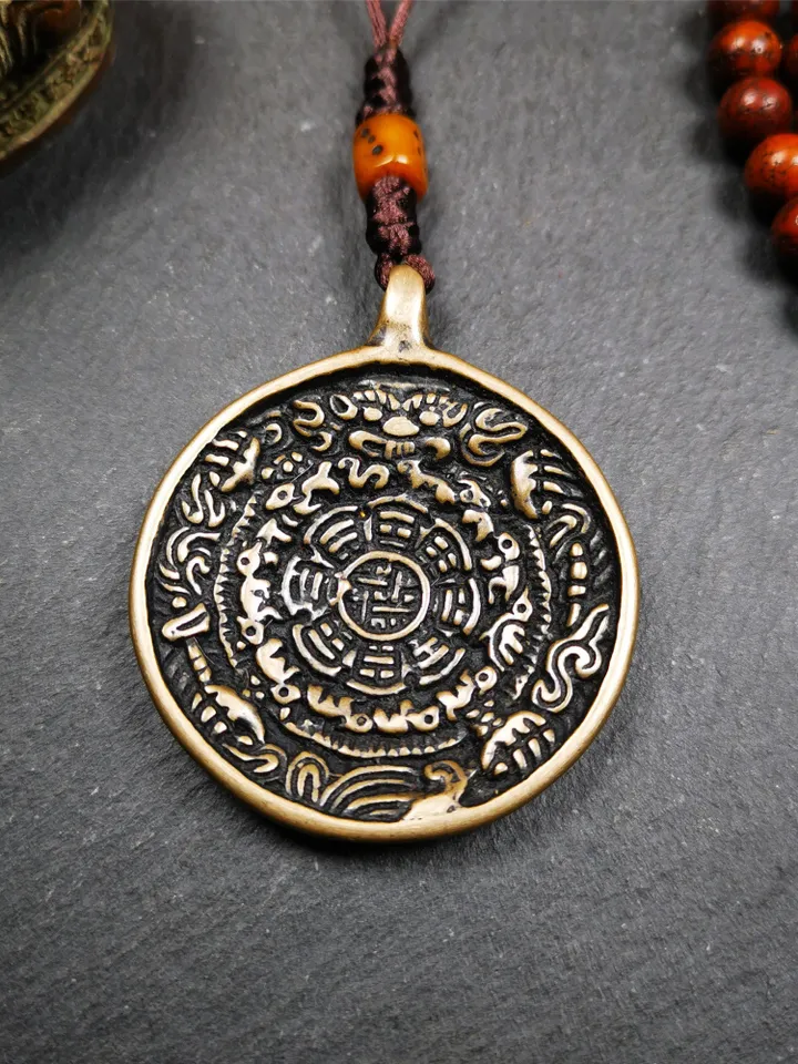 Gandhanra Antique SIPAHO(srid pa ho) Amulet, Tibetan Buddhist Astrology Calendar Badge,12 zodiac Melong Mirror, Jiugong Bagua,30 Years Old