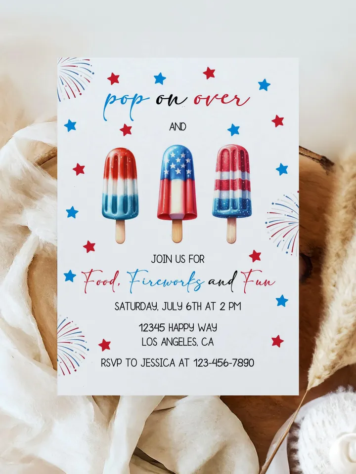 4th of July Invitation, Independence Day party Invite, Popsicles Pop on Over Invitation, Patriotic Party Invitation, Editable Canva Template