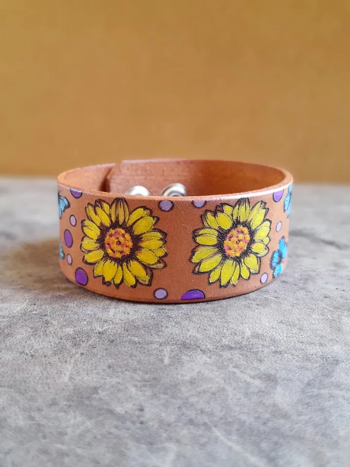 Large Yellow Flowers and Butterflies Bracelet, Hand Painted Women Leather Cuff Bracelet, Personalized Bracelet, Daisies, Plant Lover Gift, Ohana