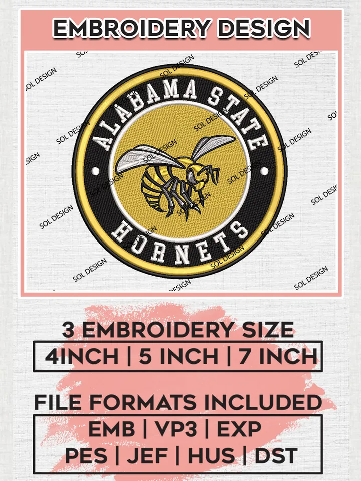 NCAA Alabama State Hornets Round Logo Embroidery, NCAA Alabama State Hornets Logo Embroidery files, NCAA Teams, Machine embroidery designs, Digital Download