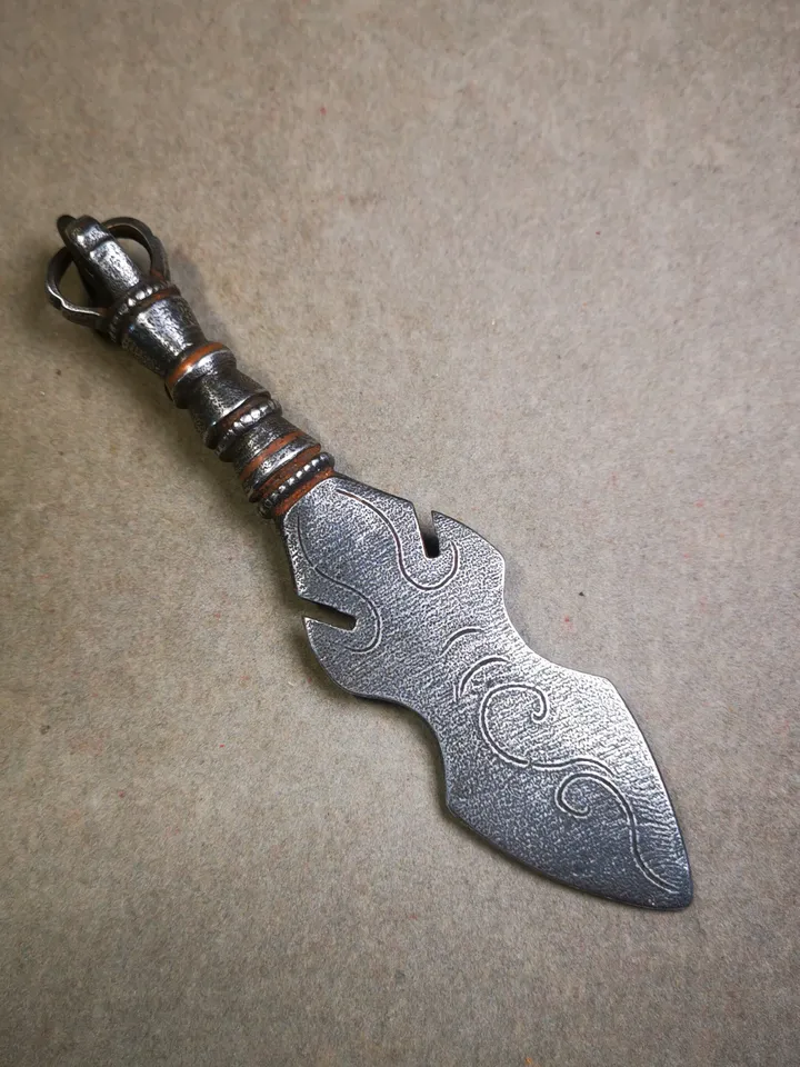 Gandhanra Tibetan Amulet Kila Dagger (Dorje Phurba),Dharma Ritual,Altar Tool,Made of Cold Iron inlaid with Copper