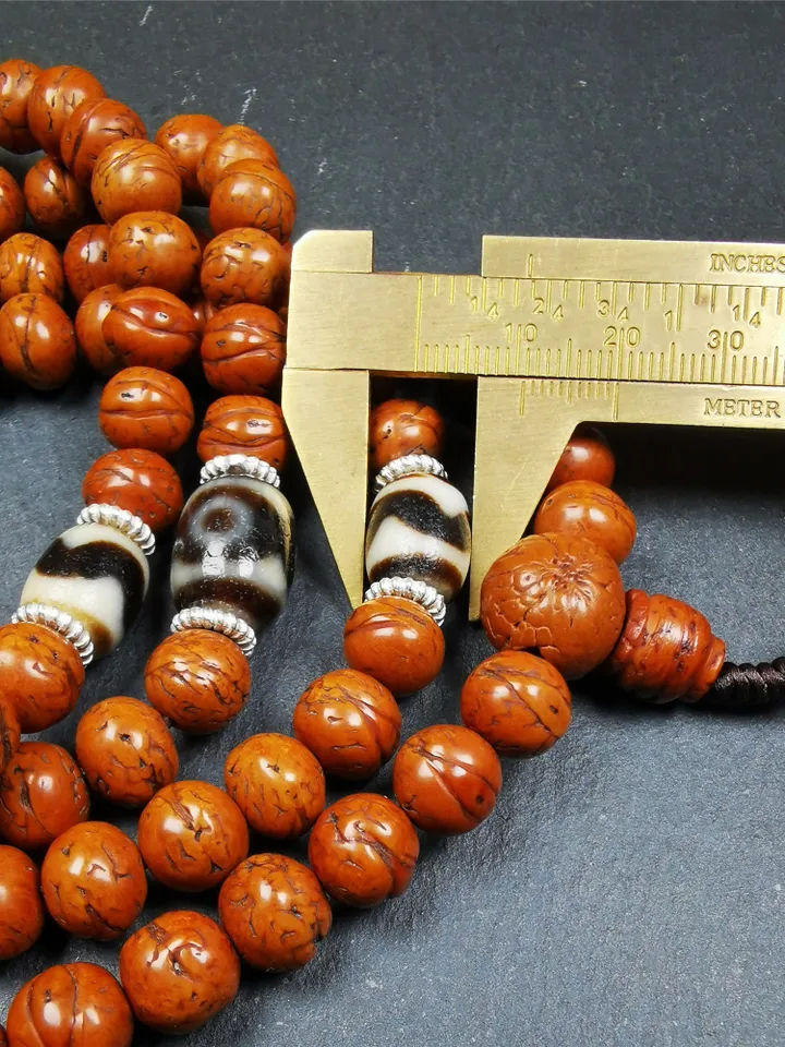 Gandhanra Old Tibetan Mala, 10mm / 0.4" 108 Bodhi Seed Beads + Dzi Beads,Prayer Beads,Tibetan Rosary for Meditation,Circumference 40"