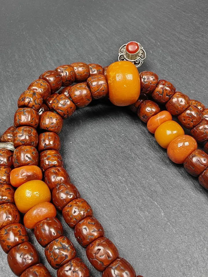 Authentic Tibetan 9+mm 108 Rudraksha Rosary, Old Necklace Mala,Tibetan Prayer Beads with Unique Mix of Treasures,Spiritual Gift