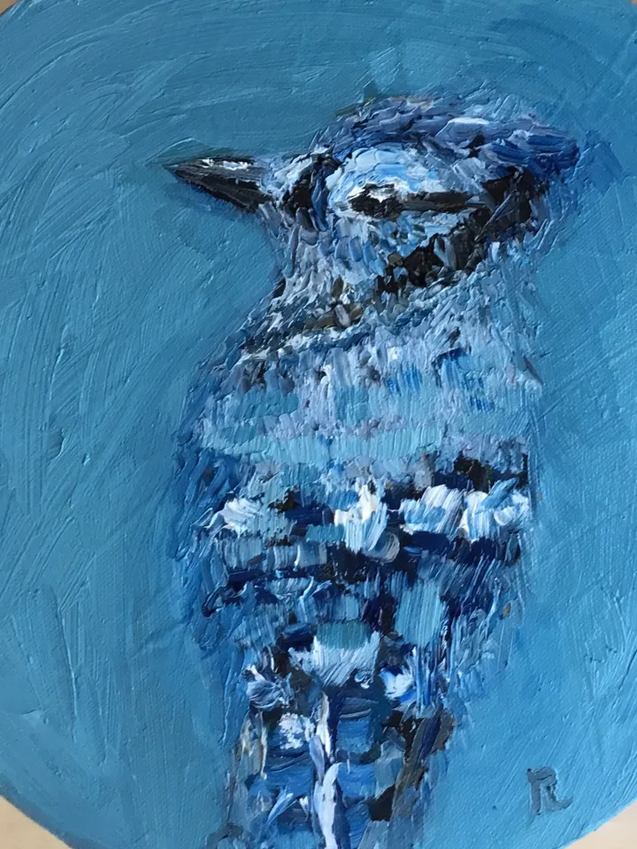 Blue jay bird painting on round canvas,bird wall art,original oil impasto bird painting,round canvas oil painting,gifts home decor.
