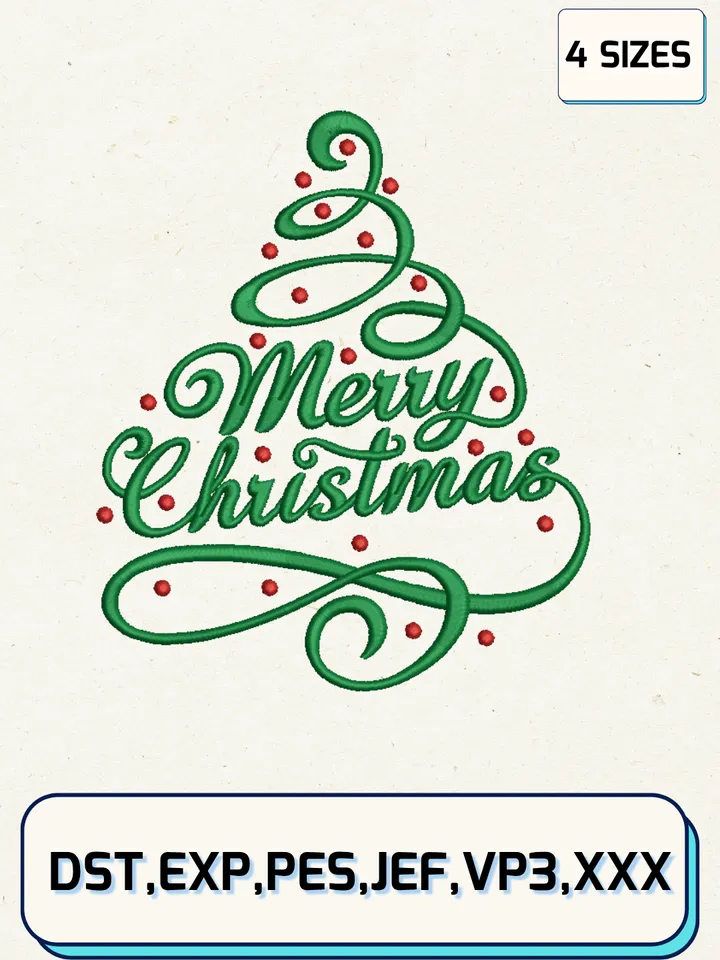 Merry Christmas Tree Embroidery Designs,Christmas Embroidery Designs,Machine Embroidery Files,4 Sizes