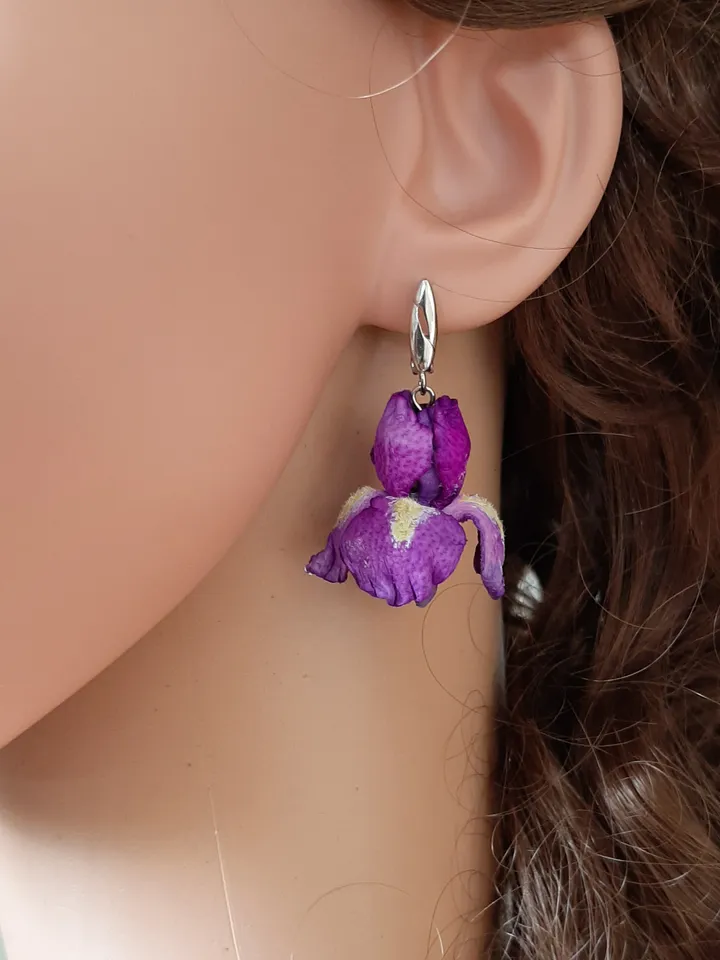Iris leather earrings for her, Leather jewelry, 3rd anniversary gift for wife