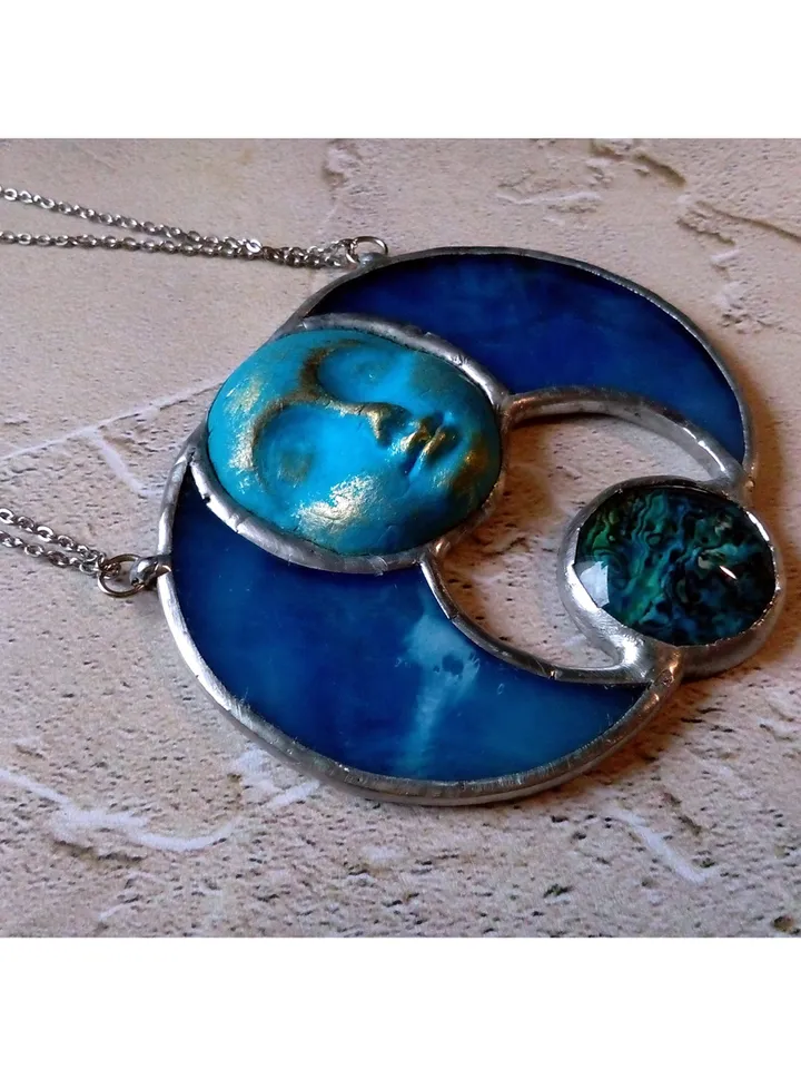 Stained glass blue moon, Moon Goddess, Moon phase necklace, Stainglass crescent, Full moon pendant, Moon face necklace